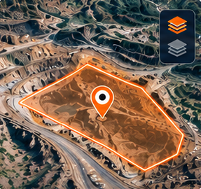 Aerial quarry with orange project boundary and location pin
